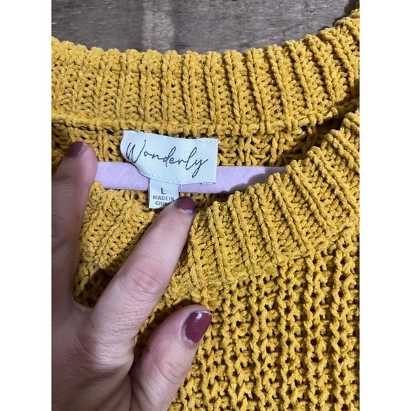 Wonderly Mustard Yellow Knit Sweater Ribbed Stitch Dropped Shoulders Size L - Picture 2 of 4